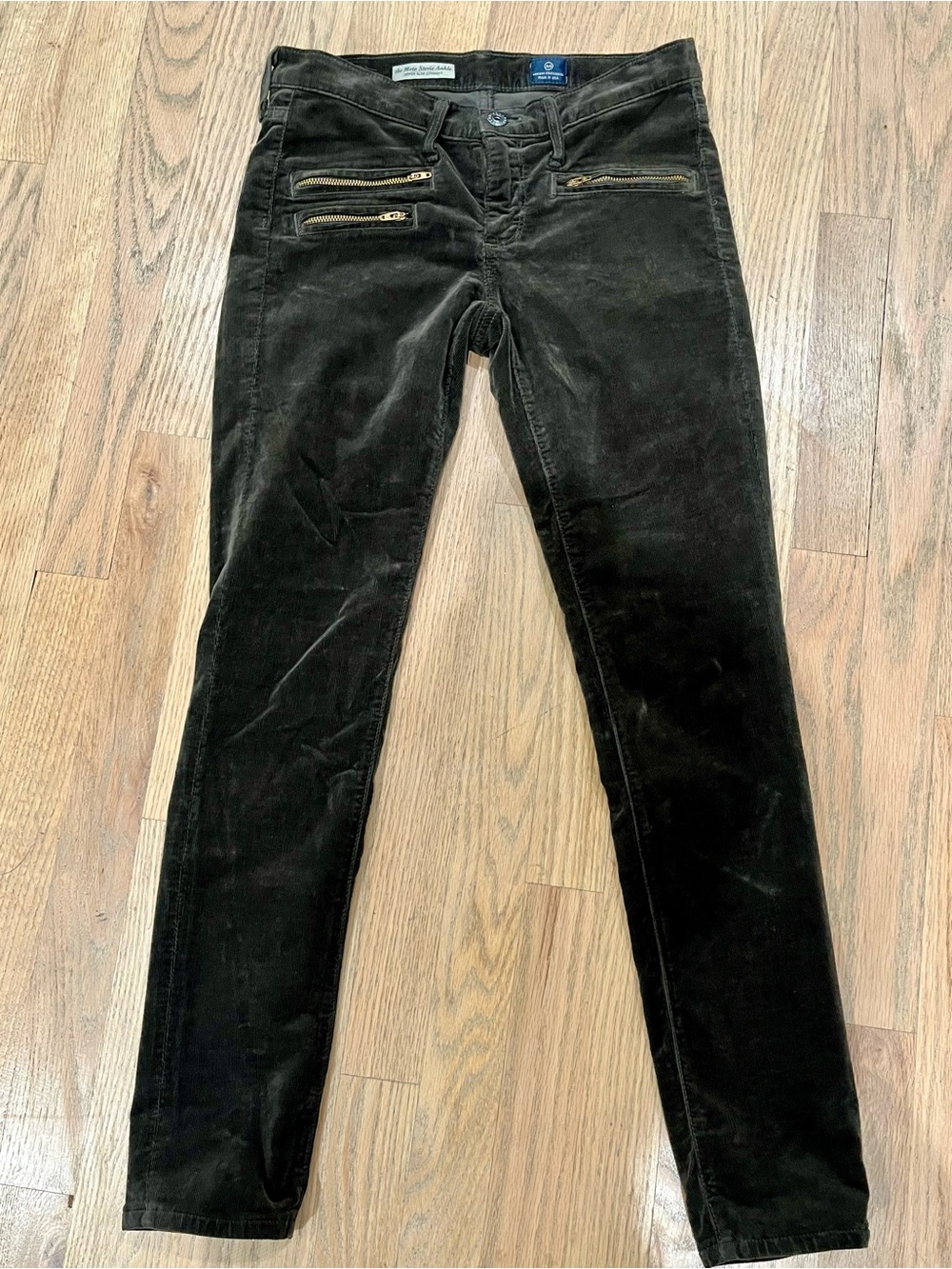 AG Adriano Goldschmied Dark Green Straight Leg Corduroy Jeans with Zip Details